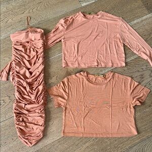 Women’s Orange 3 Piece Ruched Maxi Skirt & Crop Tops Set